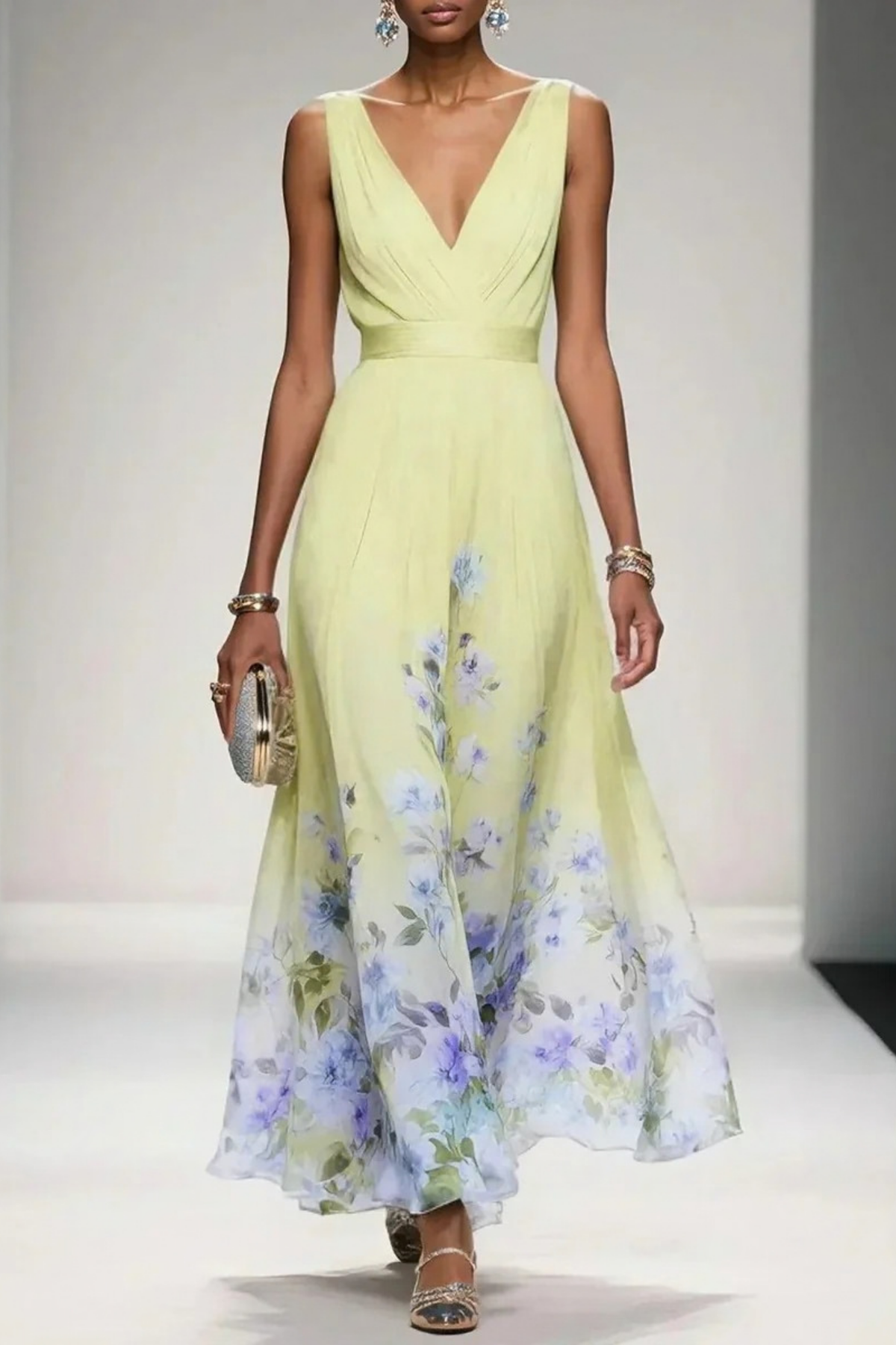 Maxi Wedding Guest Dress Floral V-Neck Elegant Style