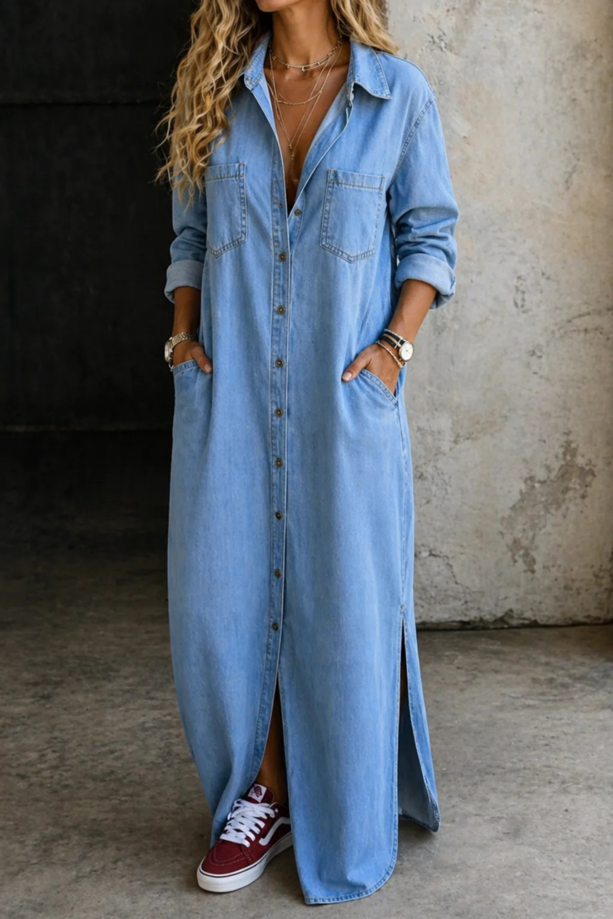 Long Denim Jumpsuit Pocket Detail Casual Style