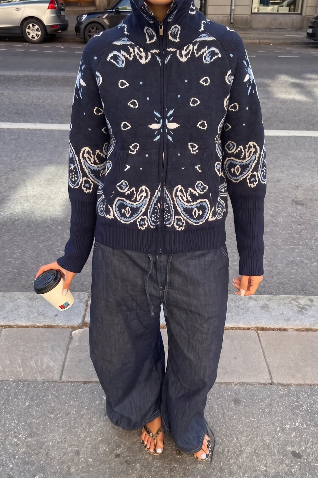 Zip Up Sweater High Neck Paisley Casual Style