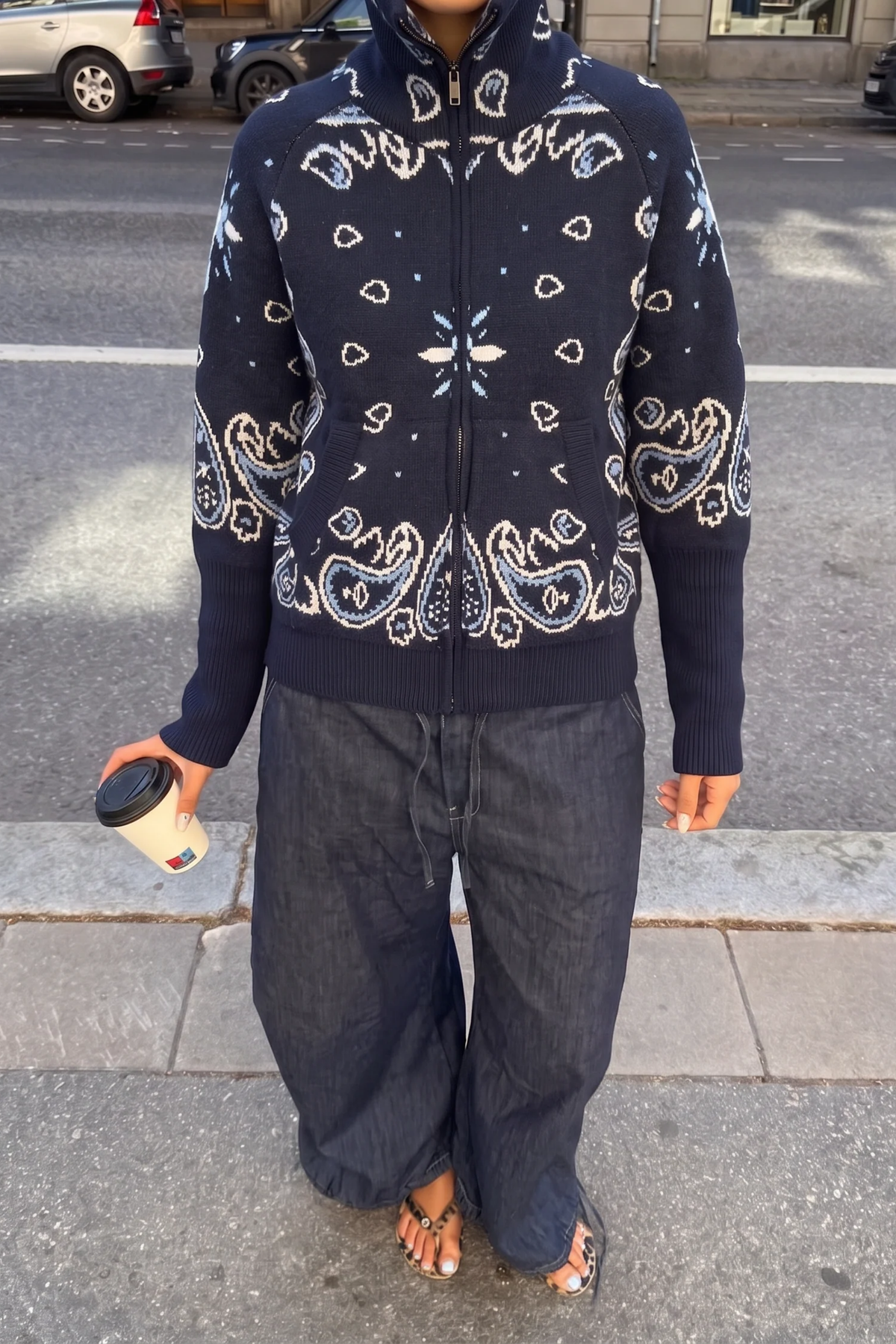 Zip Up Sweater High Neck Paisley Casual Style