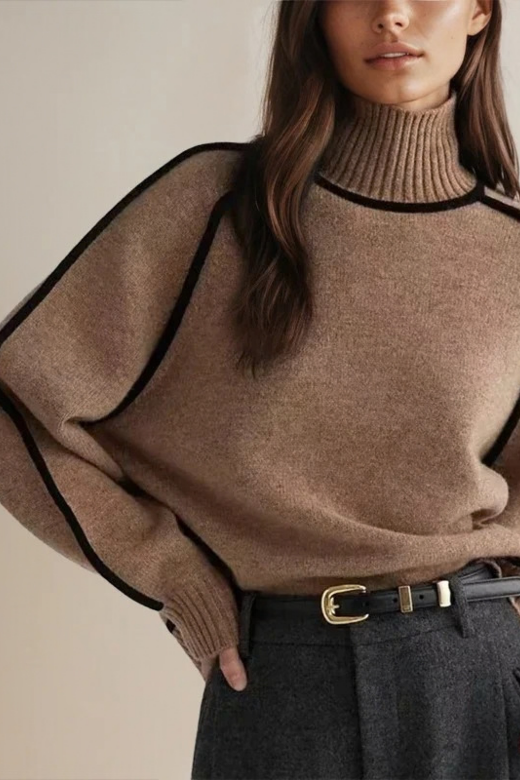 Turtleneck Sweater Contrast Trim Elegant Style