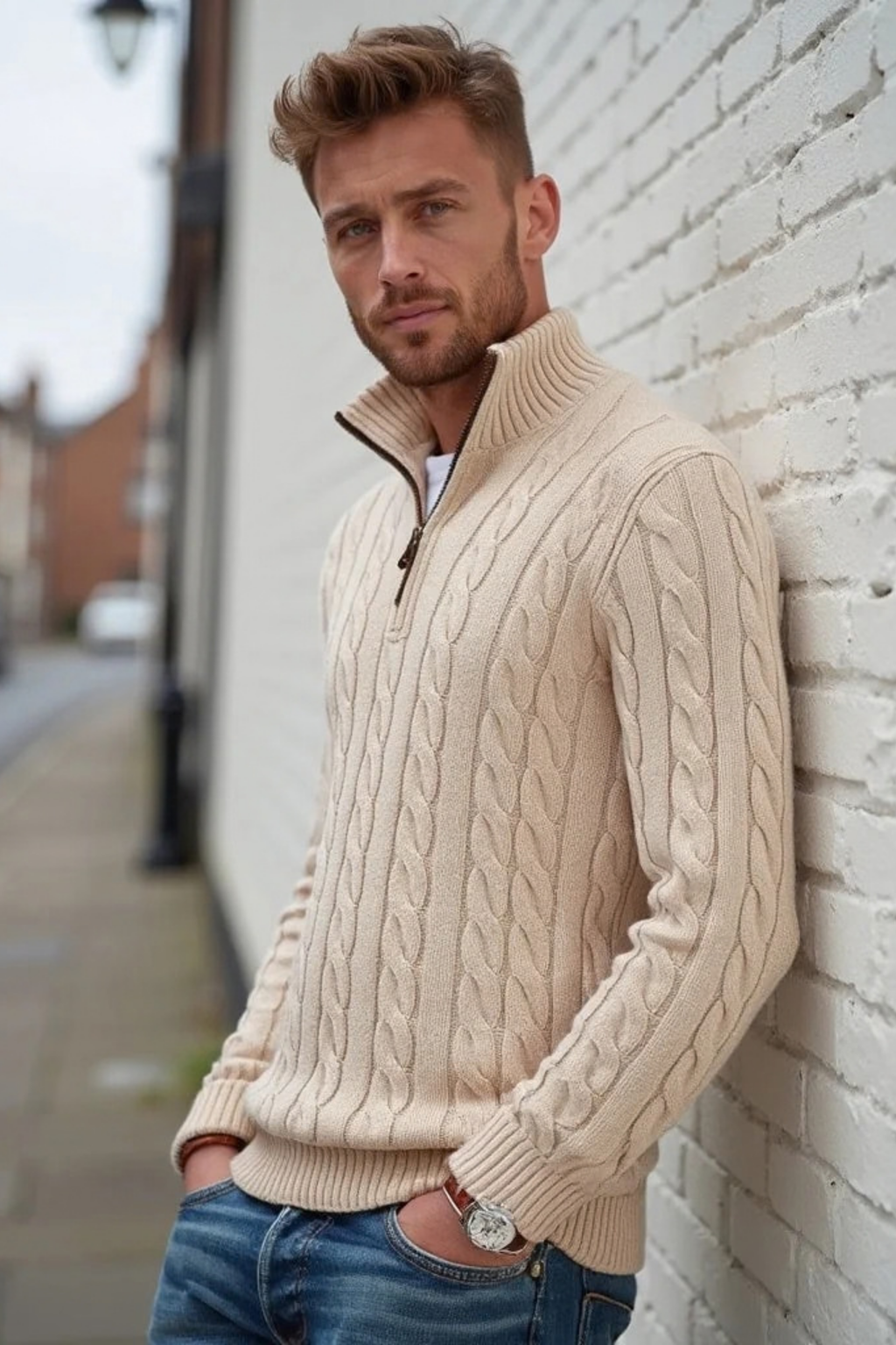 Men’s Long Cardigan Quarter Zip Cable Knit Classic Style