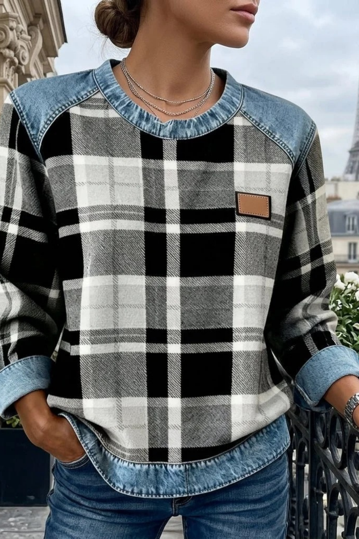 Women’s Plaid Sweatshirt Denim Trim Casual Style