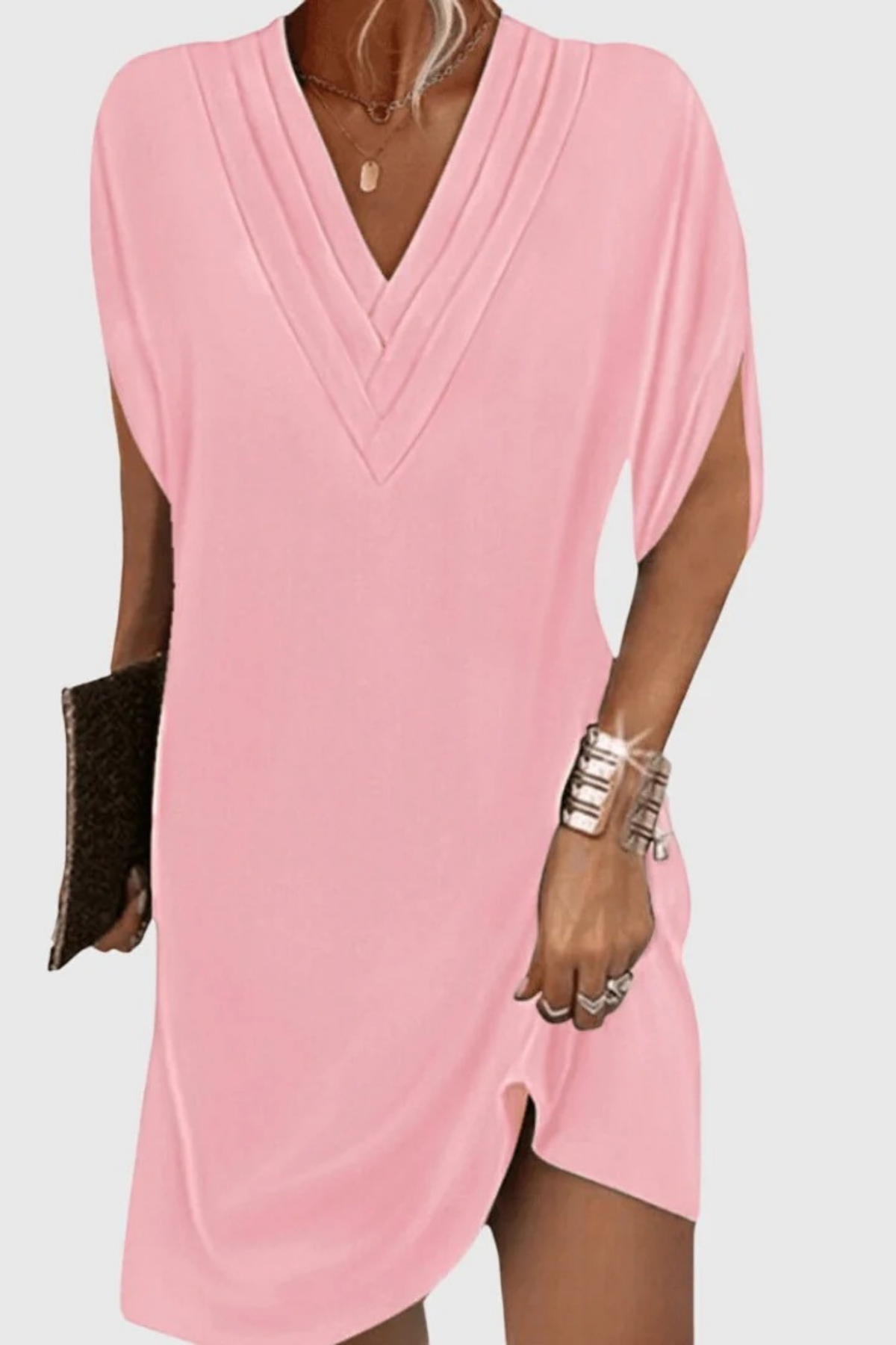 V-Neck Shift Midi Dress Modern Casual Style