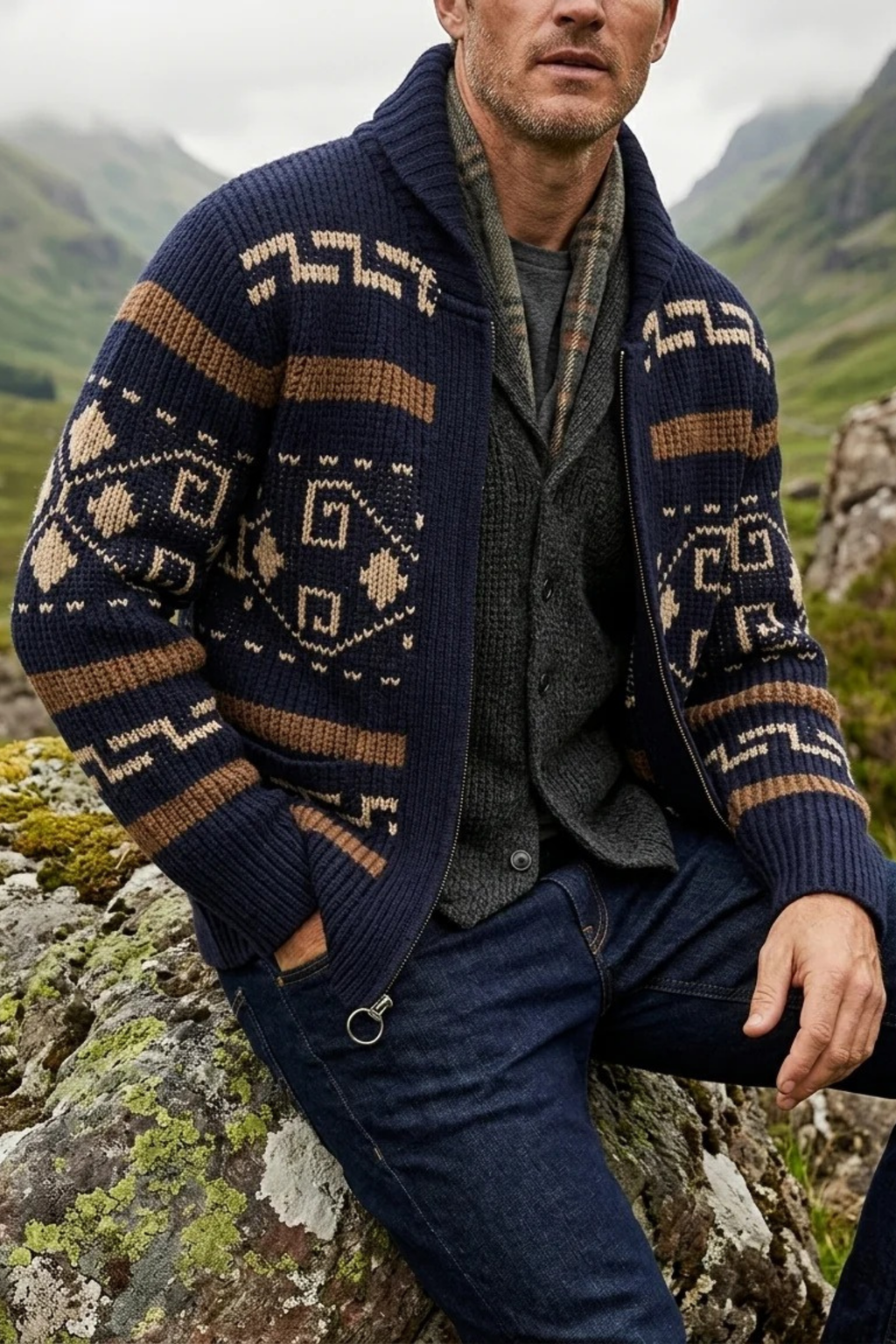 Patterned Zip Up Knit Cardigan Outdoor Casual Style