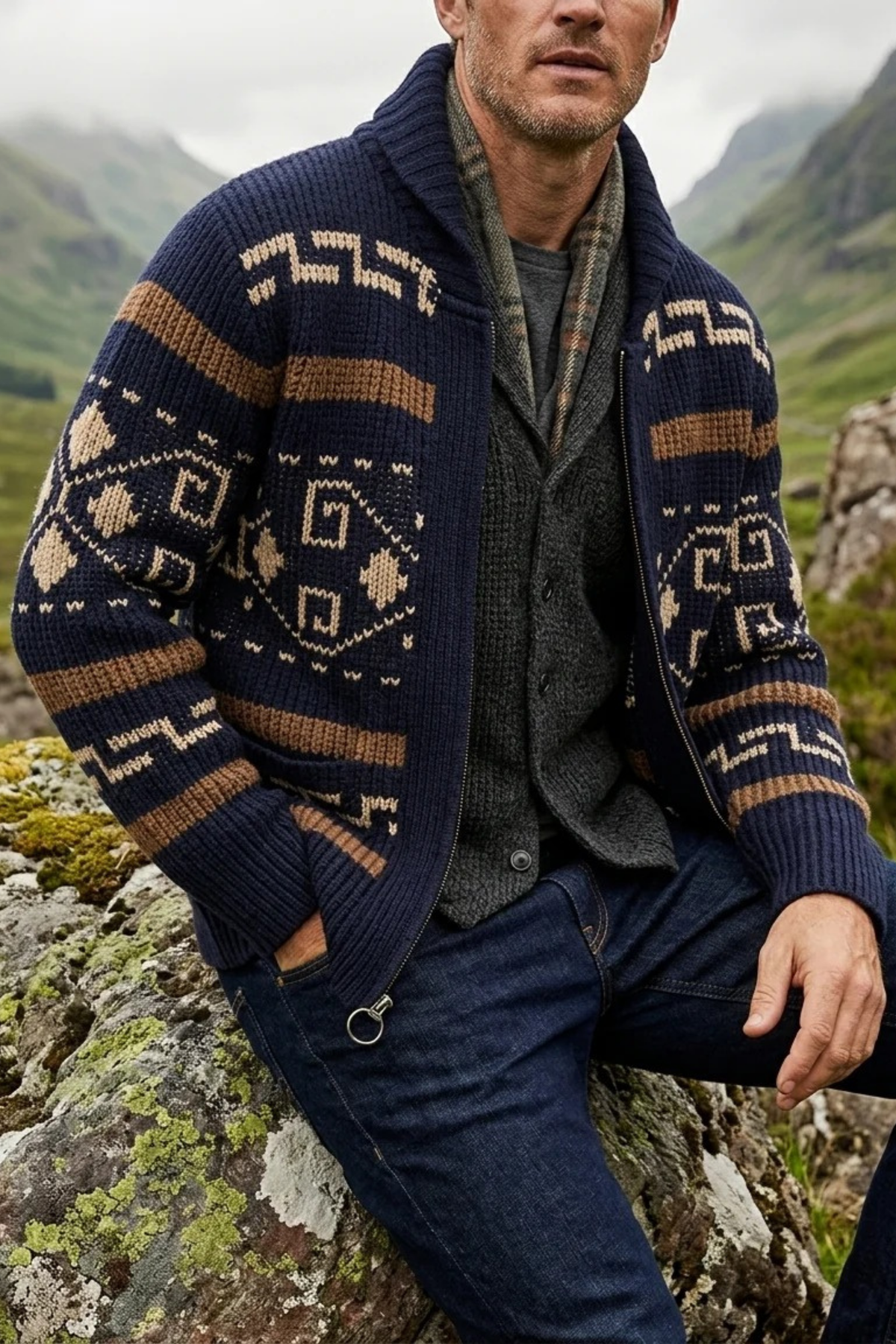 Patterned Zip Up Knit Cardigan Outdoor Casual Style