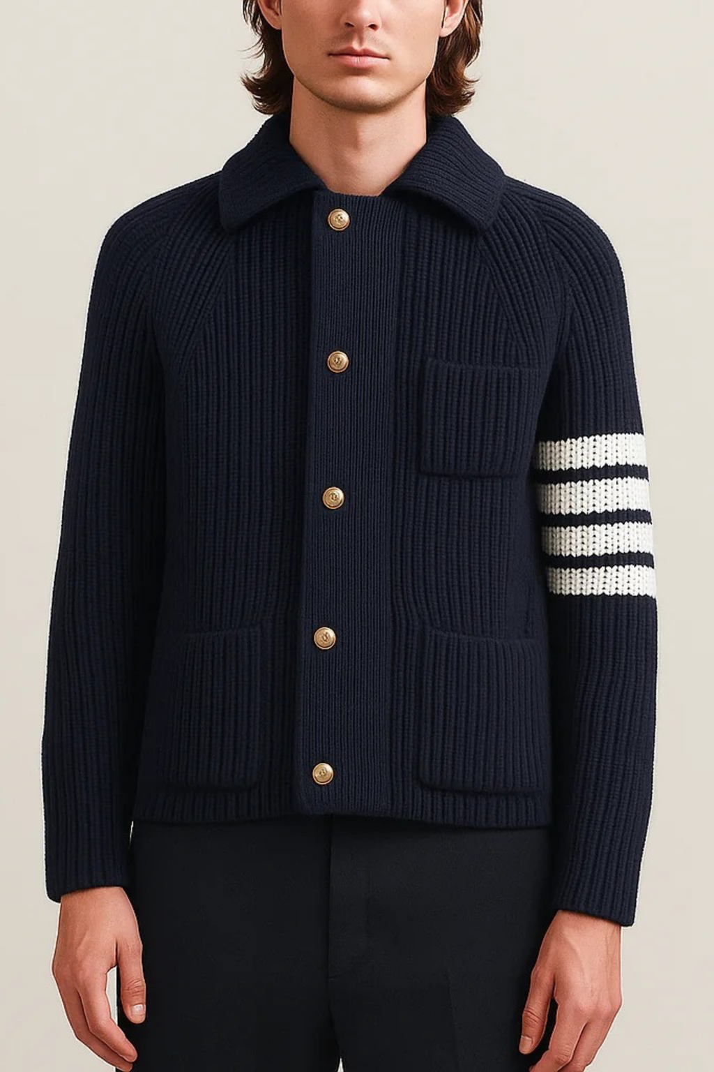 Ribbed Knit Cardigan with Striped Sleeve Classic Style