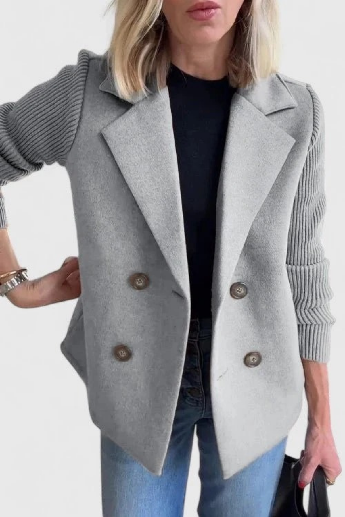 Double Breasted Blazer Knit Sleeve Elegant Style