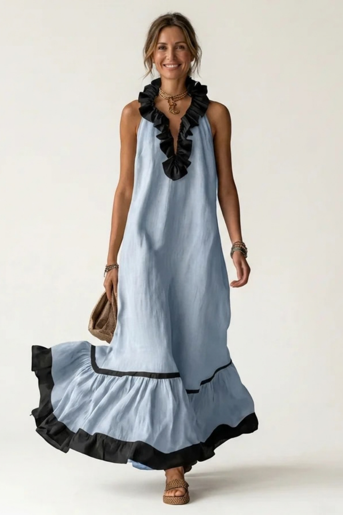 Maxi Dress Ruffle Neck Flowy Bohemian Style