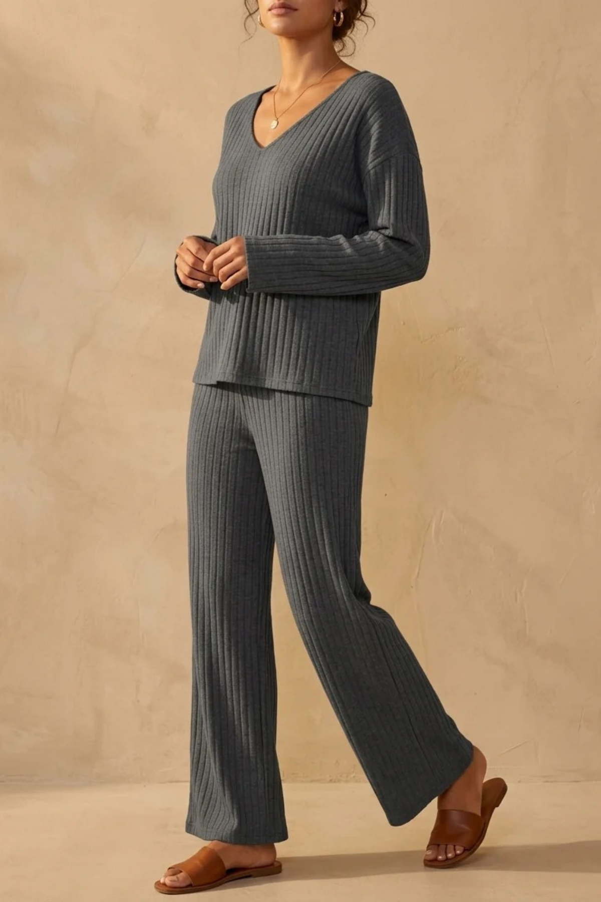 Women’s Ribbed Pajama Set V-Neck Relaxed Style