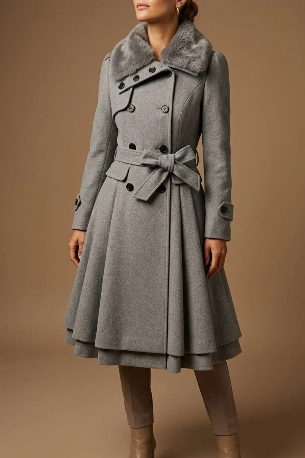 Women’s Double Breasted Coat Faux Fur Collar Elegant Style