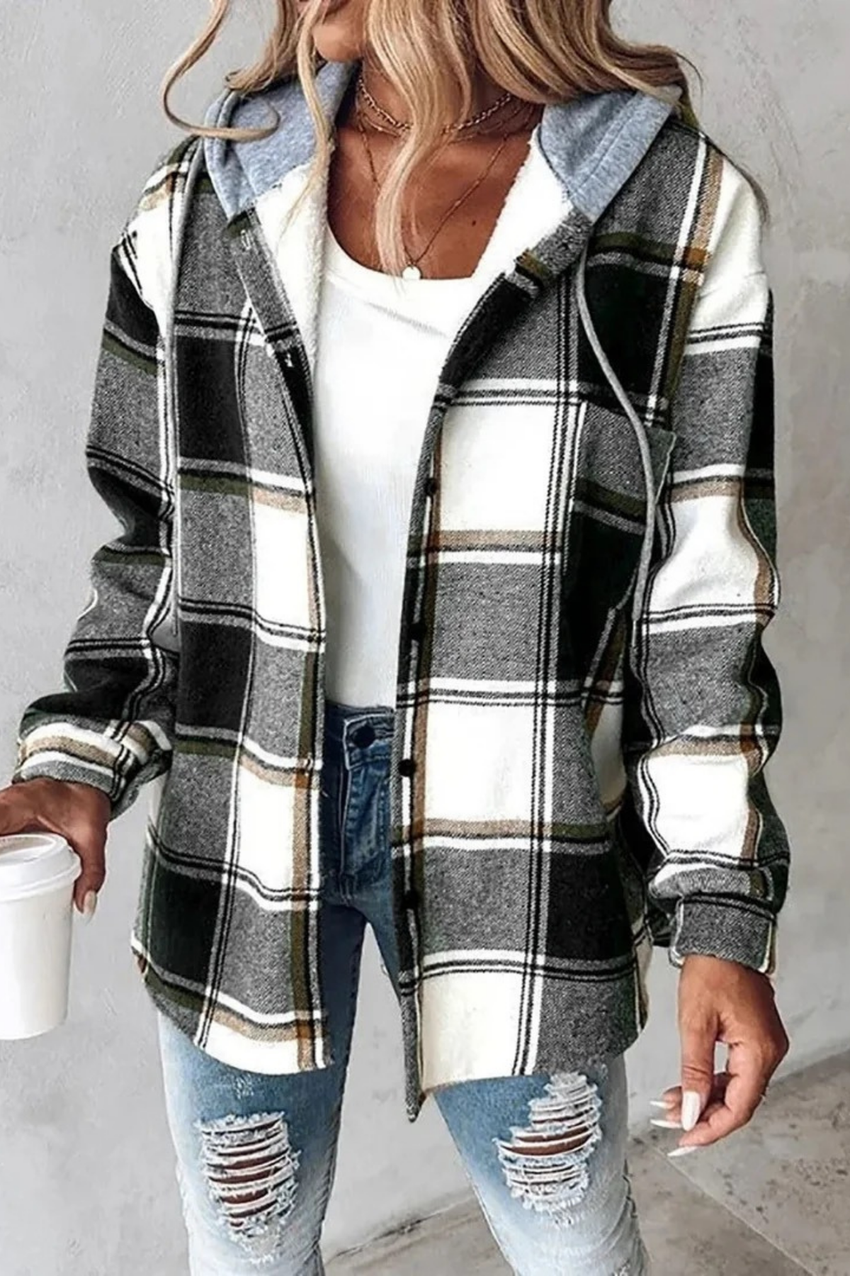 Plaid Hooded Jacket Button Front Casual Style