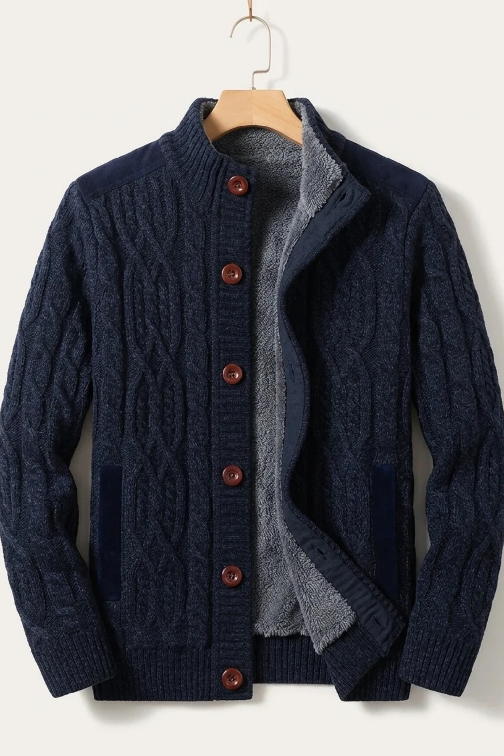 Men’s Cable Knit Cardigan Fleece Lined Classic Style