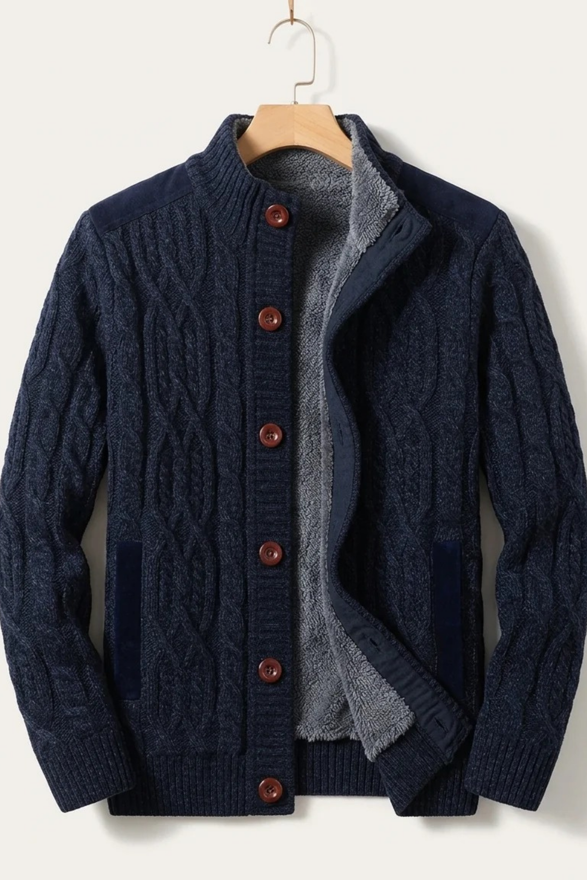 Men’s Cable Knit Cardigan Fleece Lined Classic Style
