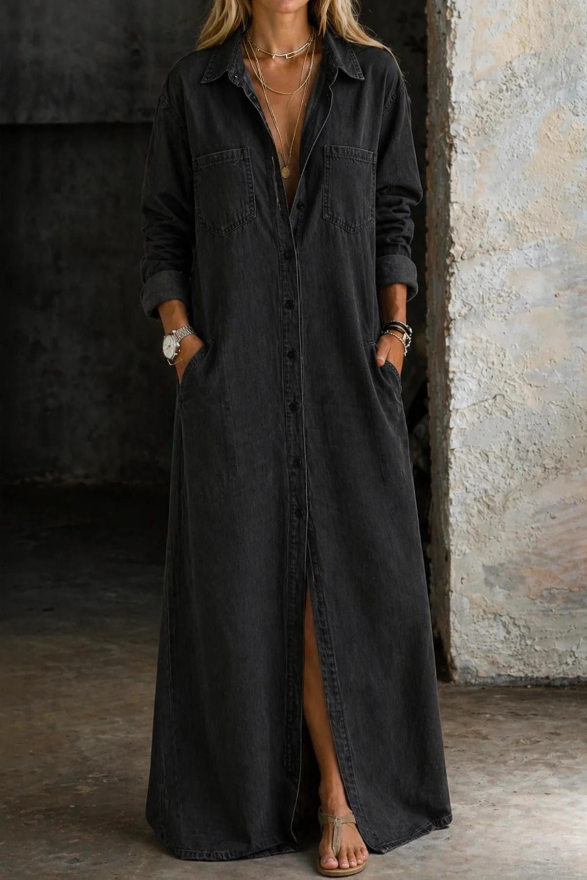 Long Denim Jumpsuit Pocket Detail Casual Style