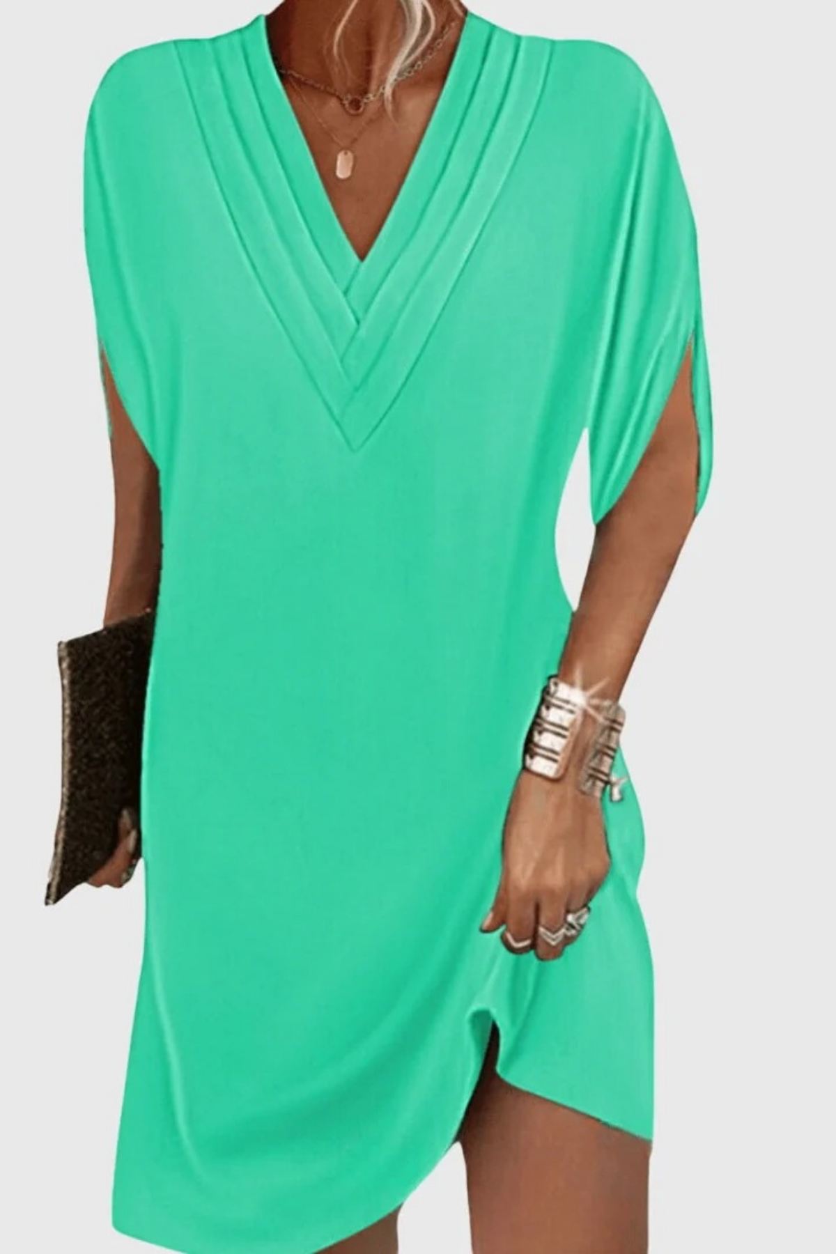 V-Neck Shift Midi Dress Modern Casual Style