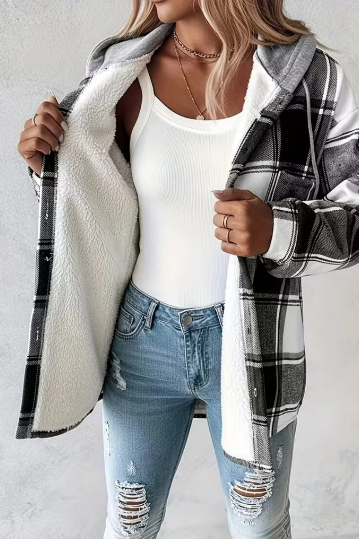 Plaid Hooded Jacket Button Front Casual Style