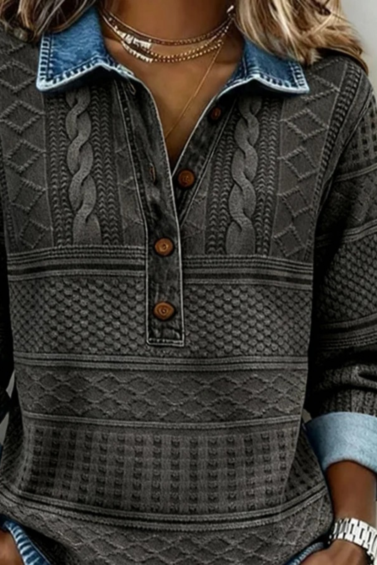 Cable Knit Sweater Button Neck Layered Casual Style