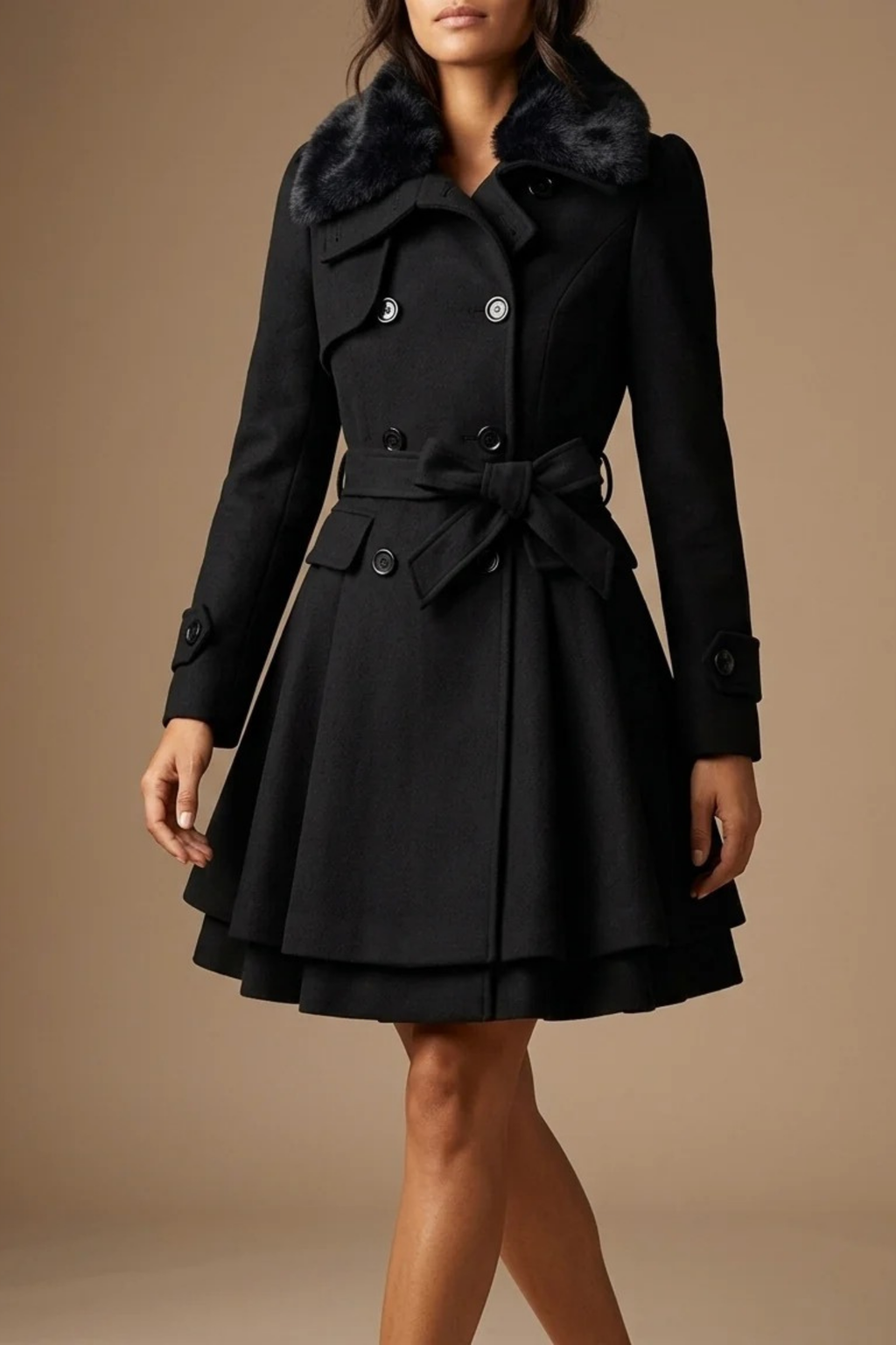 Women’s Double Breasted Coat Faux Fur Collar Elegant Style