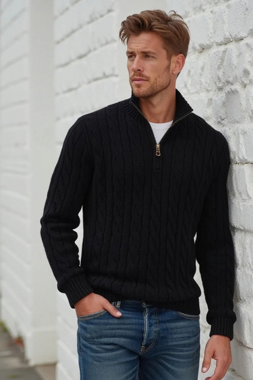 Men’s Long Cardigan Quarter Zip Cable Knit Classic Style