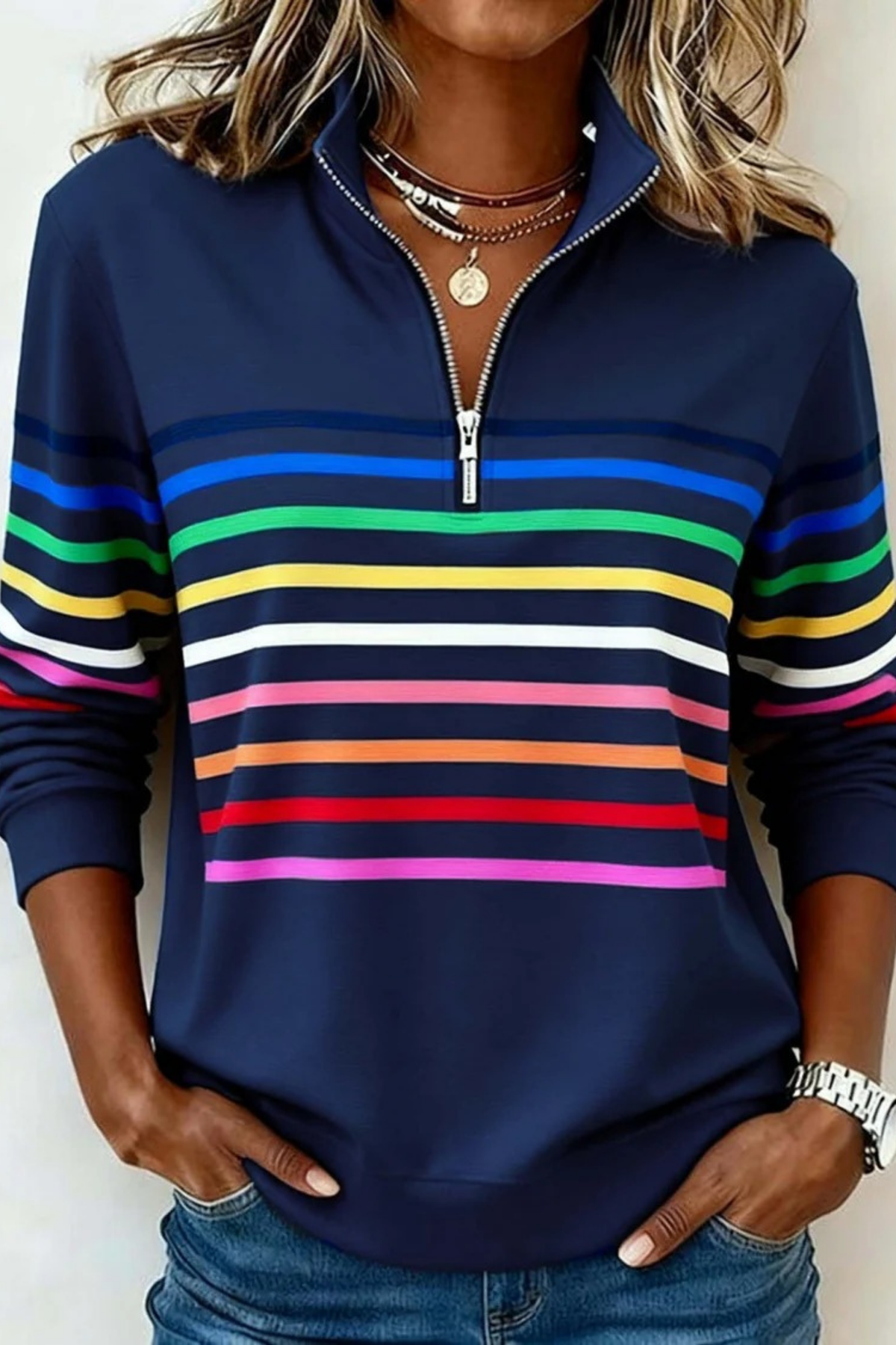 Quarter Zip Sweater Striped Casual Style
