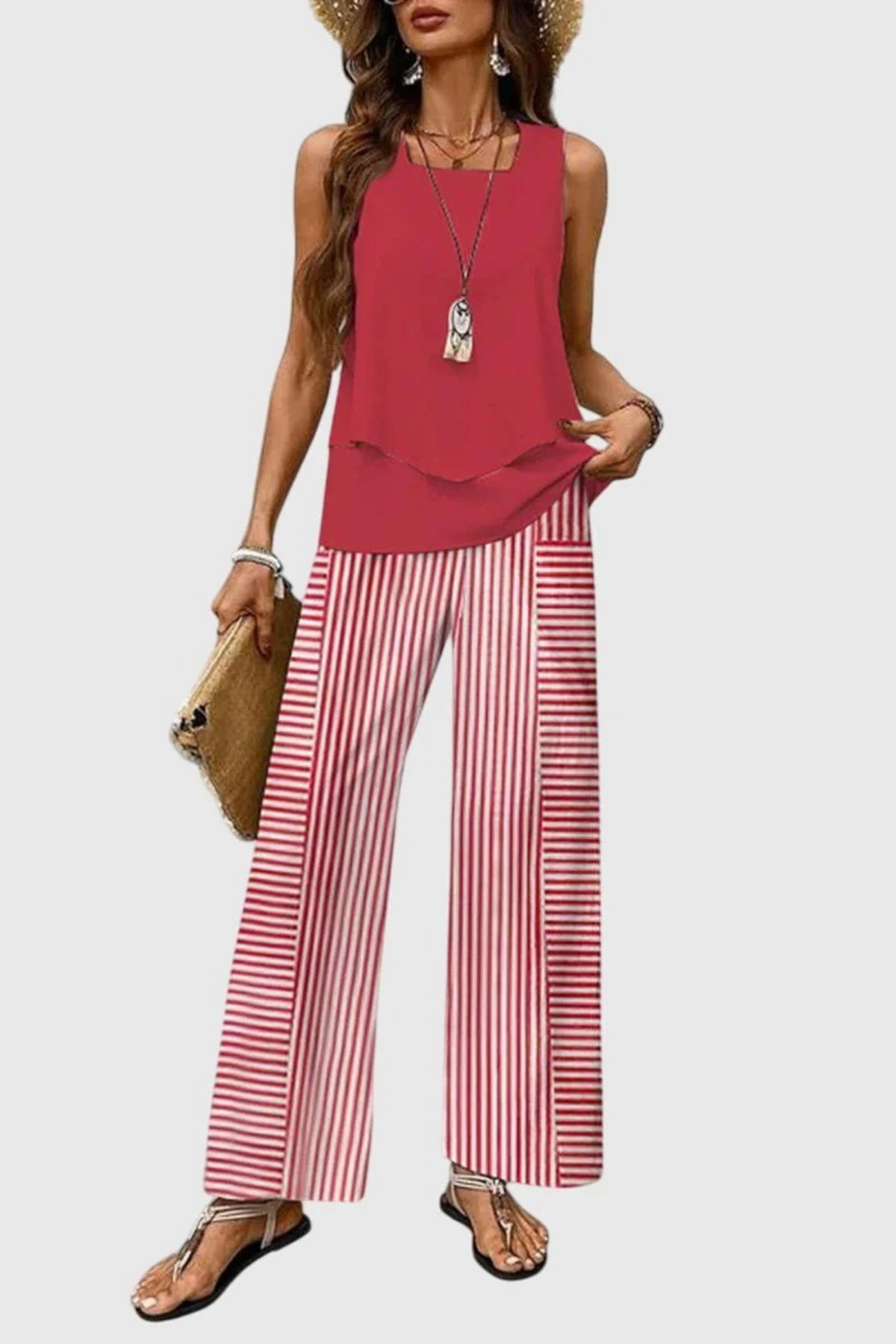 Sleeveless Top Pants Set Botanical Print Casual Style