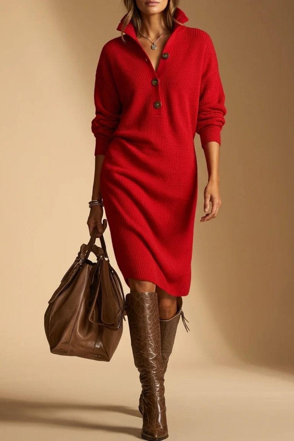 Women’s Midi Sweater Dress Button Collar Elegant Style