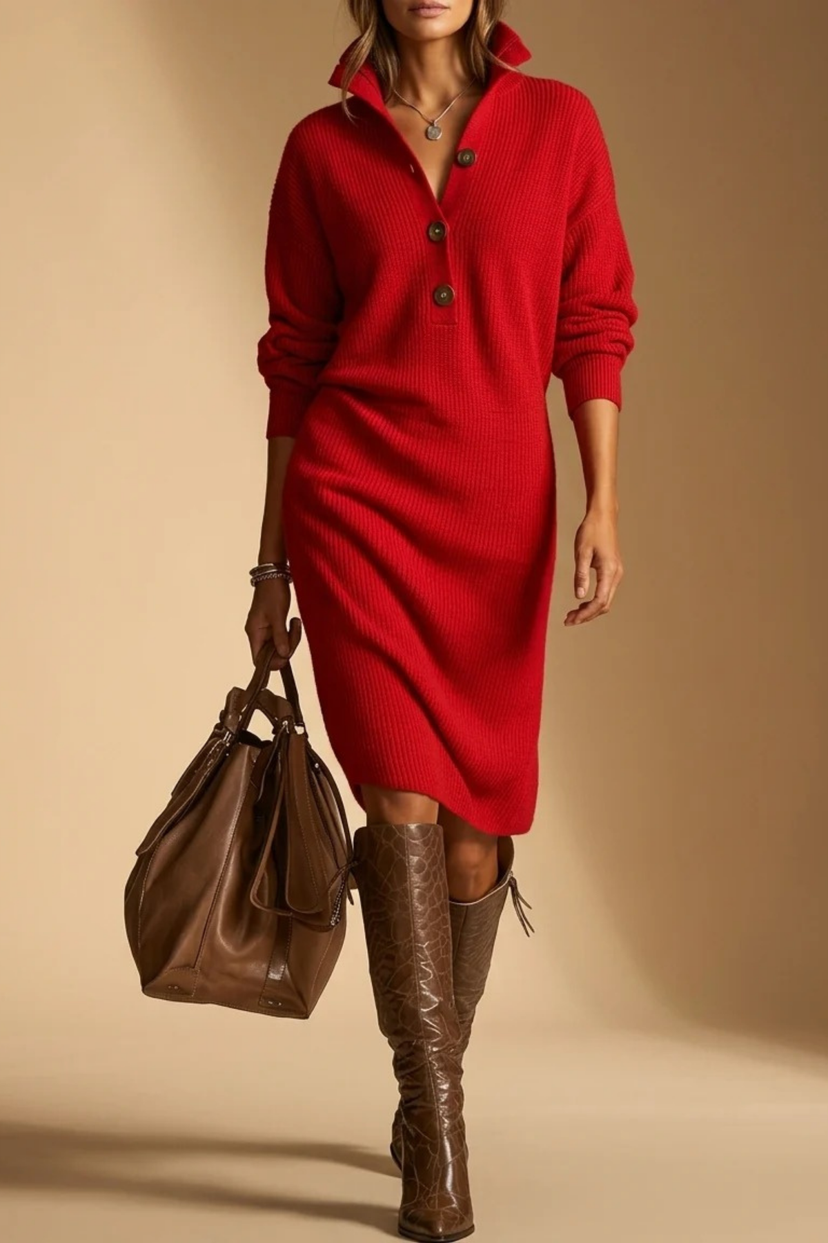 Women’s Midi Sweater Dress Button Collar Elegant Style
