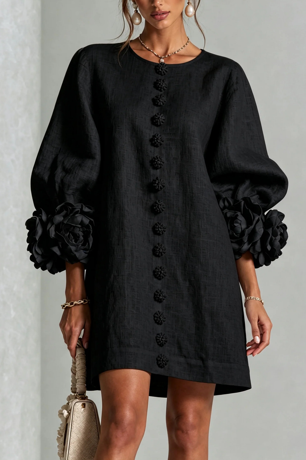 Button Detail Mini Dress Statement Sleeve Chic Style