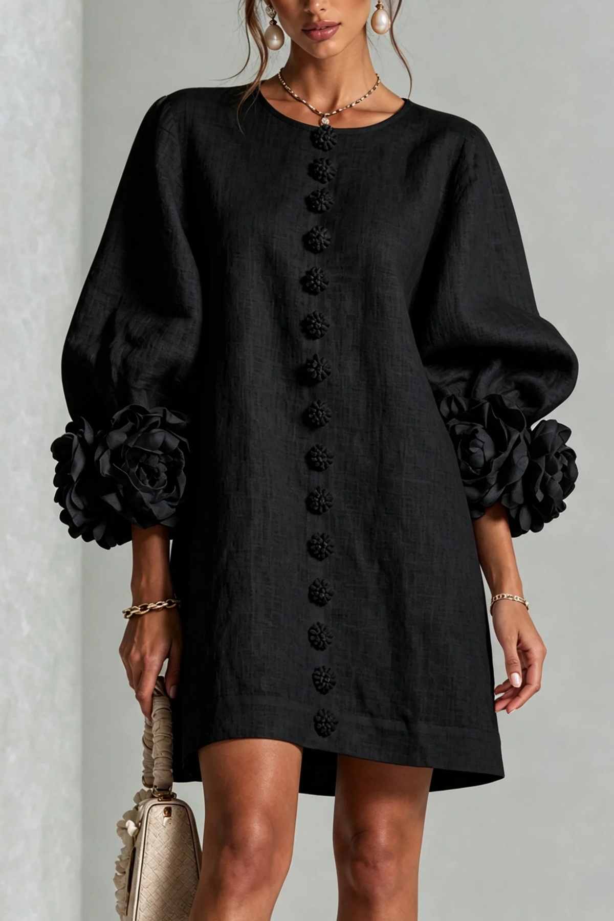 Button Detail Mini Dress Statement Sleeve Chic Style