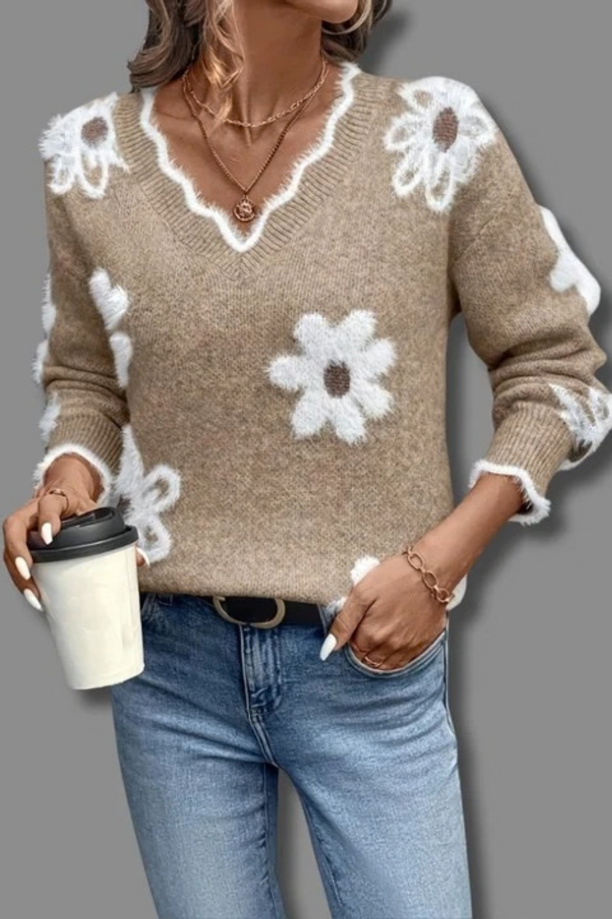 Women’s V-Neck Sweater Floral Print Casual Style