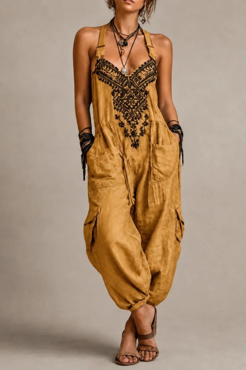 Embroidered Jumpsuit Pocket Detail Boho Style