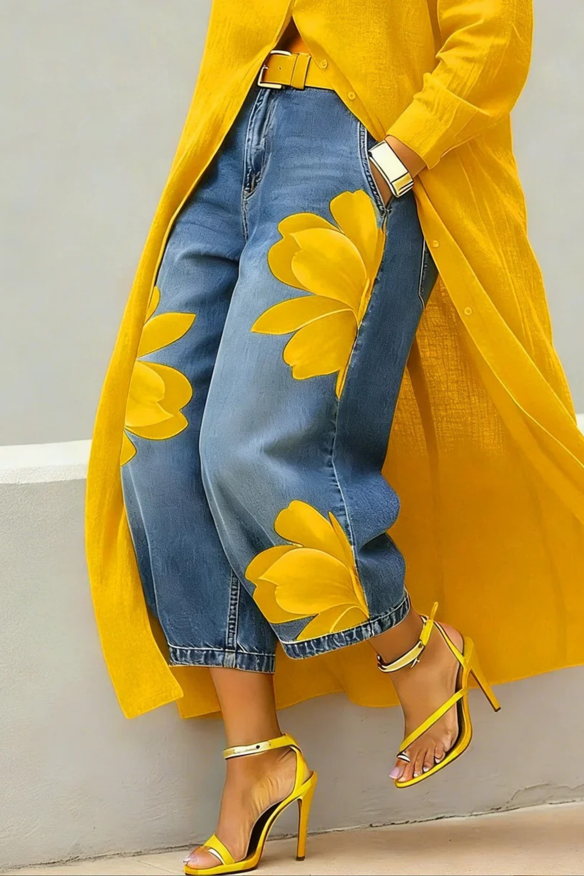 Shirt Dress and Floral Jeans Set