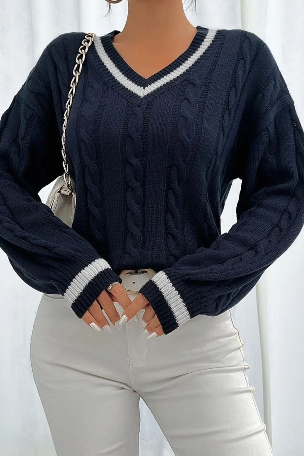 Women’s V-Neck Sweater Striped Trim Classic Style