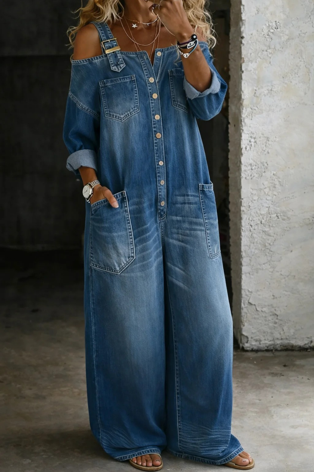 Denim Jumpsuit Cold Shoulder Pocket Detail Casual Style