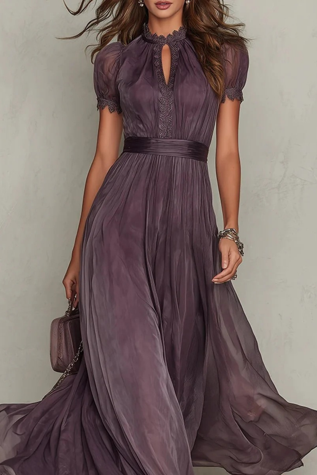 Maxi Dress Lace Trim Chiffon Elegant Style