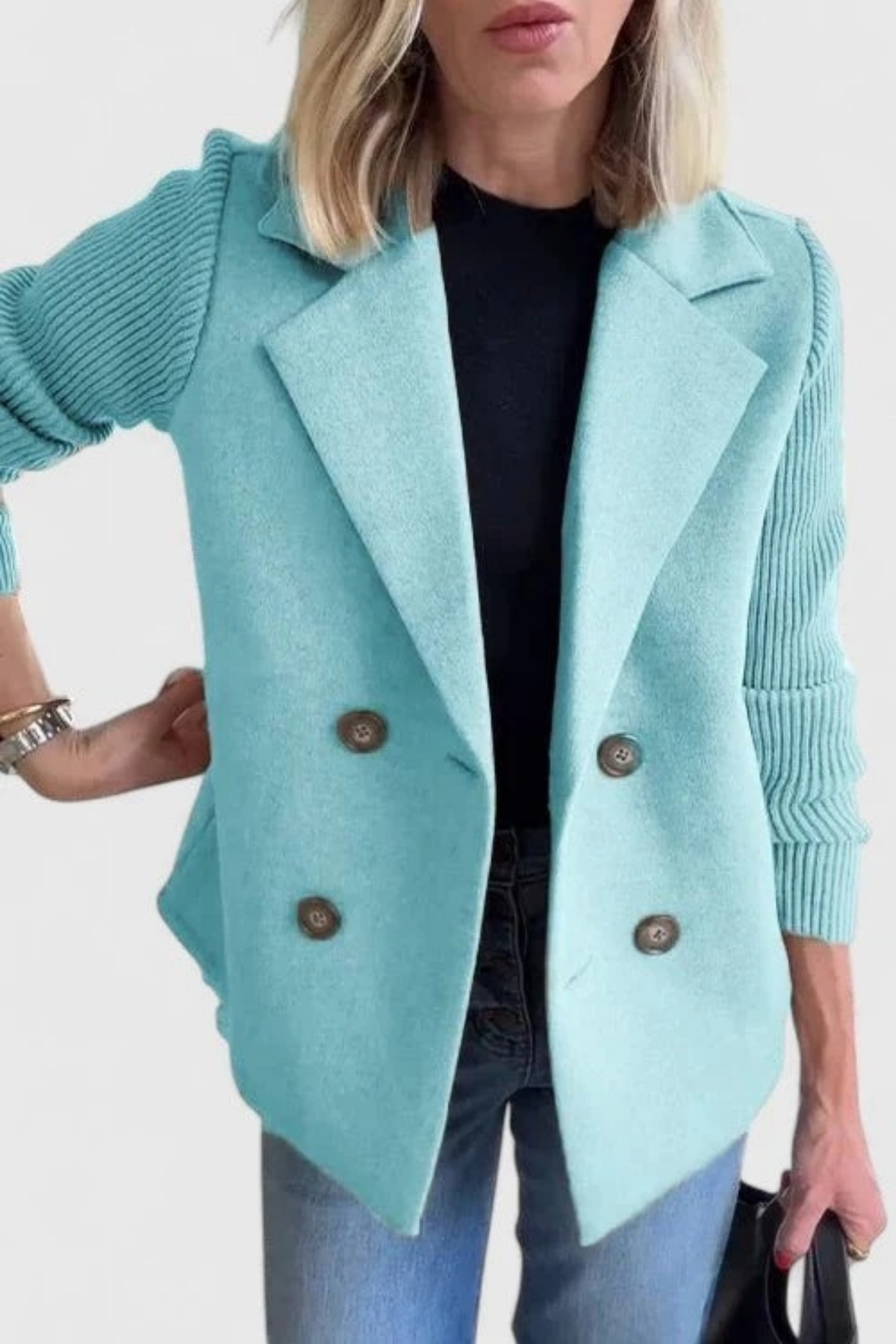 Double Breasted Blazer Knit Sleeve Elegant Style