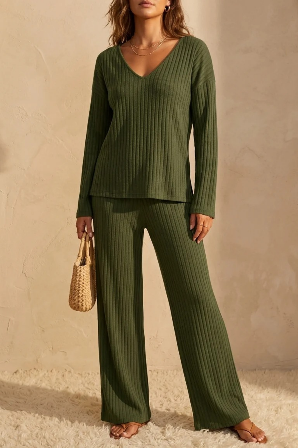 Women’s Ribbed Pajama Set V-Neck Relaxed Style