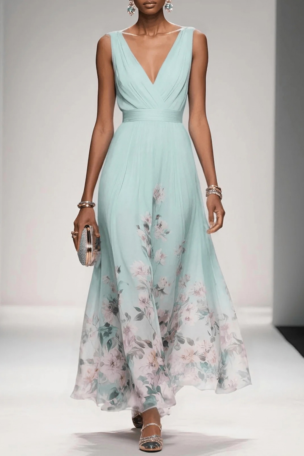 Maxi Wedding Guest Dress Floral V-Neck Elegant Style