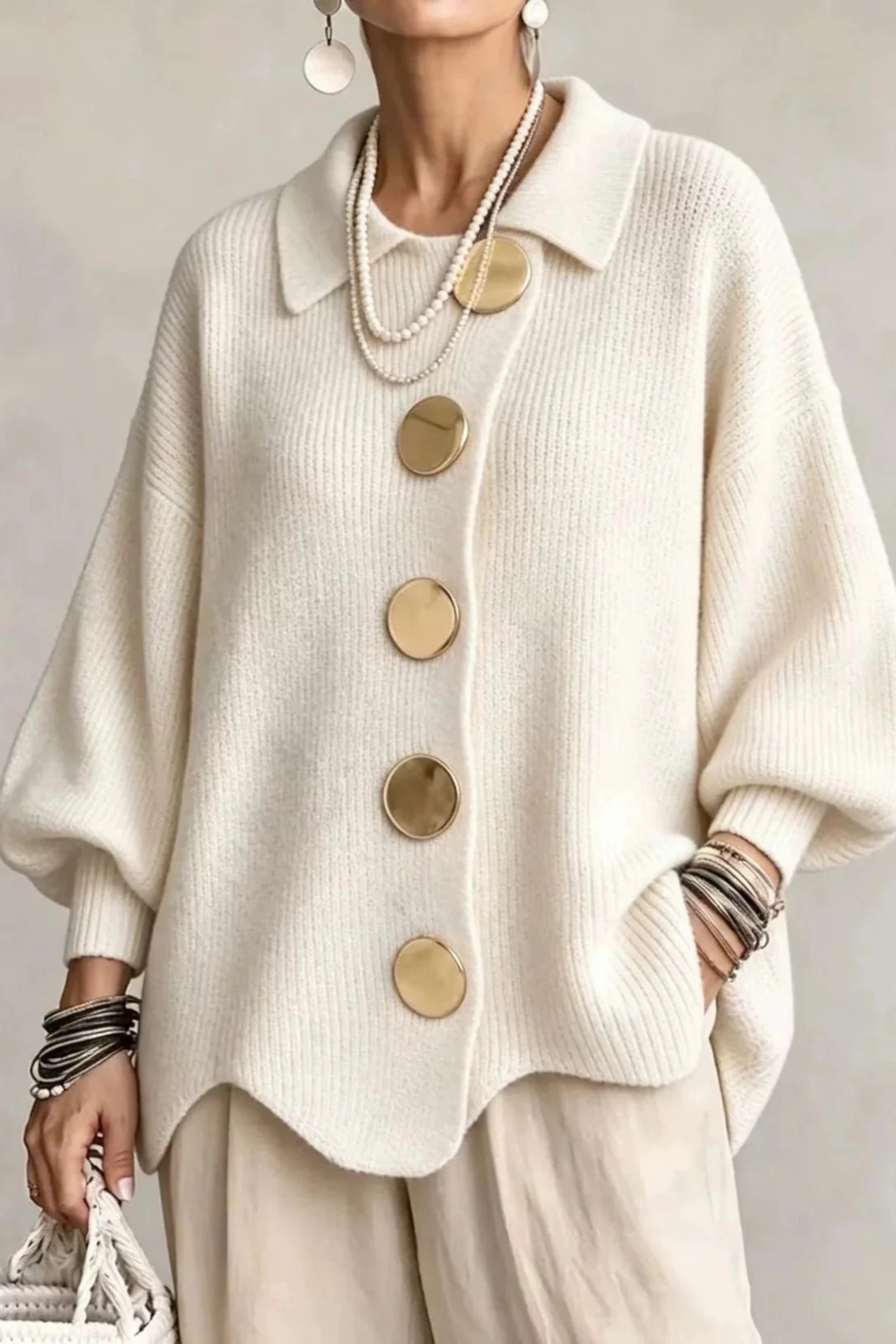 Oversized Cardigan Large Button Elegant Style