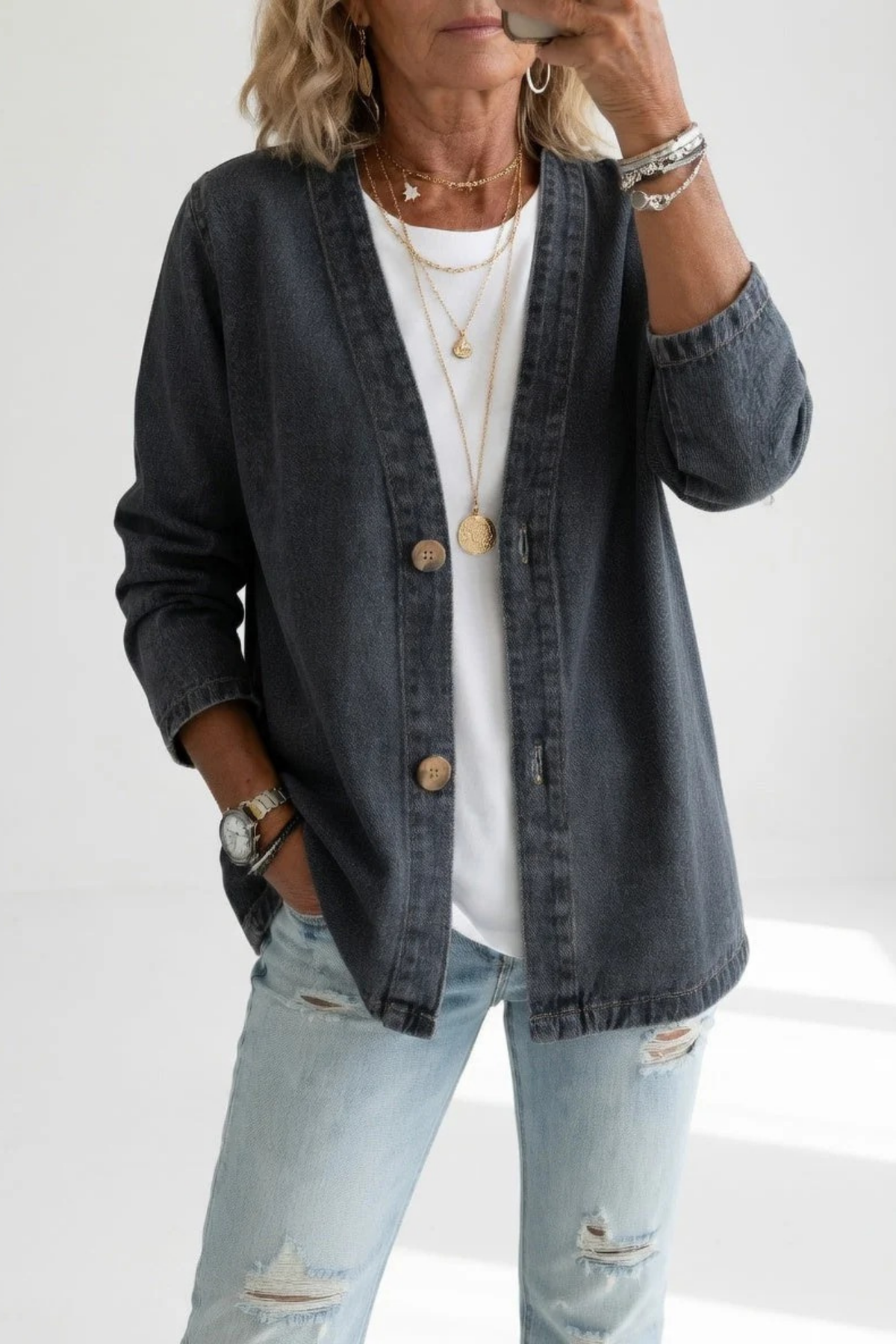 V-Neck Denim Jacket Button Detail Everyday Style