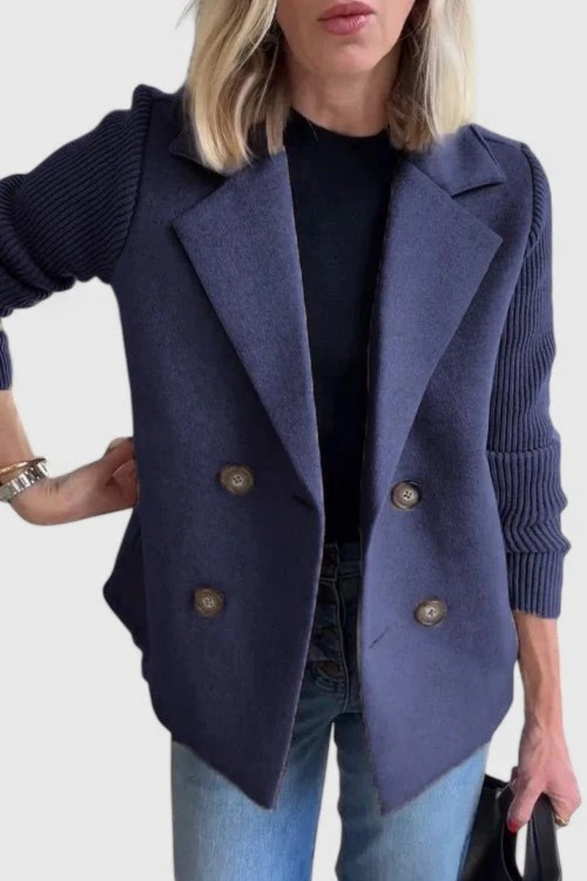 Double Breasted Blazer Knit Sleeve Elegant Style