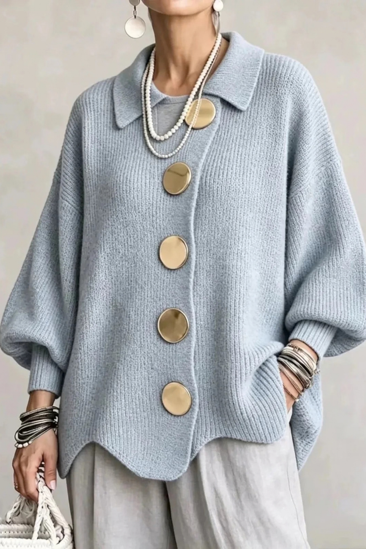 Oversized Cardigan Large Button Elegant Style