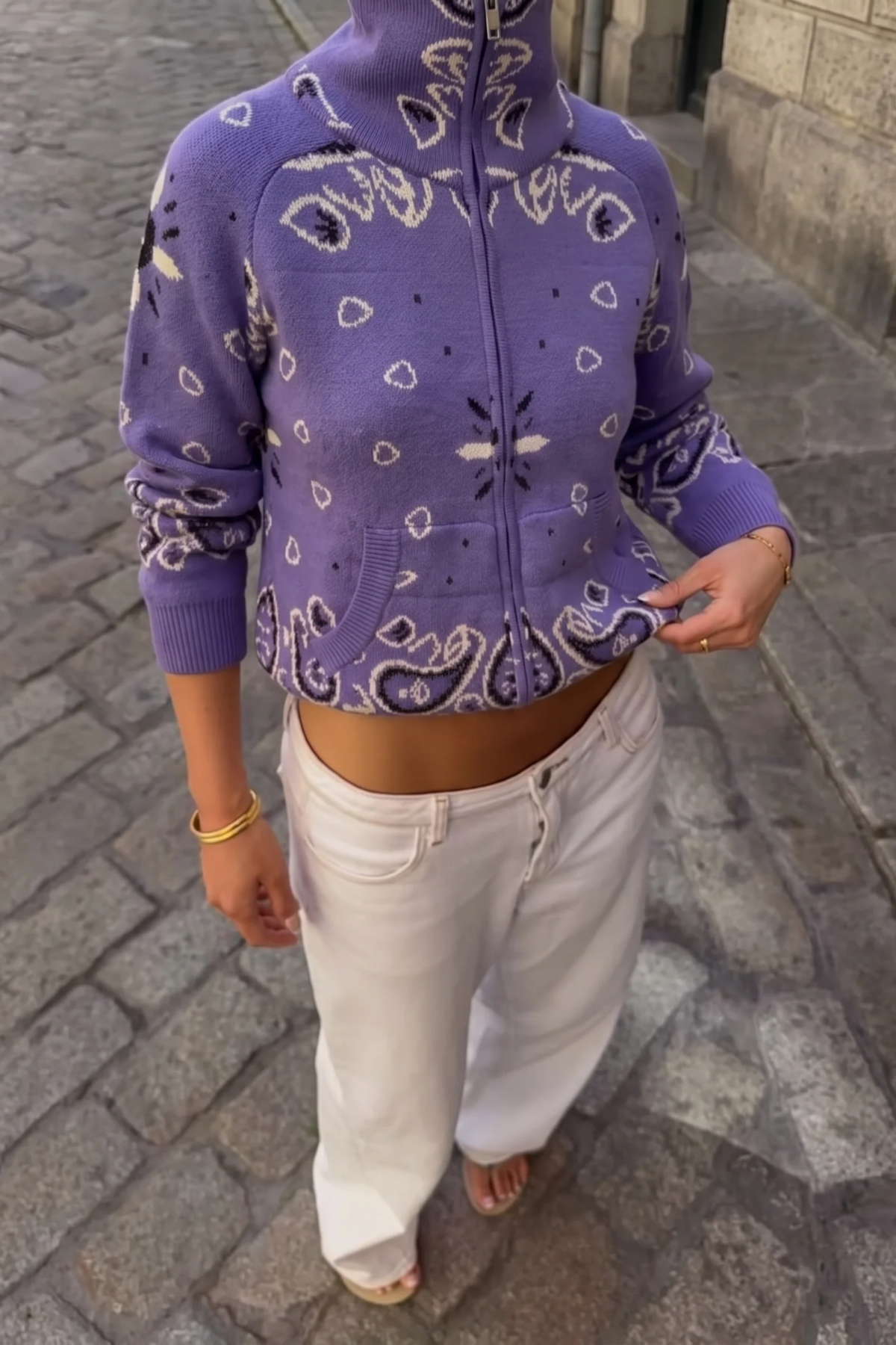 Zip Up Sweater High Neck Paisley Casual Style
