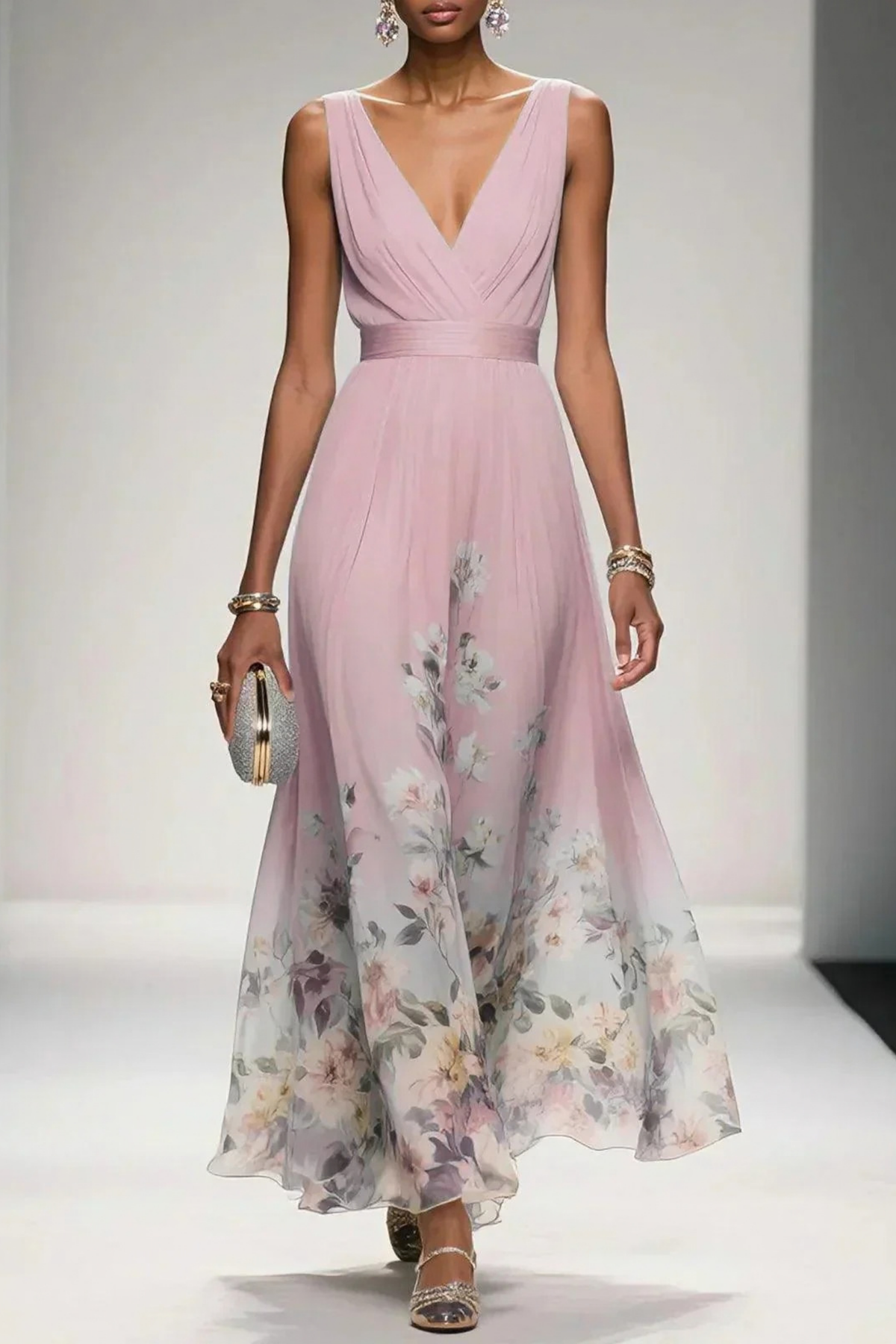 Maxi Wedding Guest Dress Floral V-Neck Elegant Style