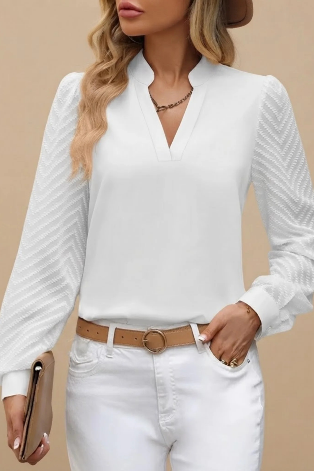 Women’s Blouse V-Neck Textured Sleeve Elegant Style