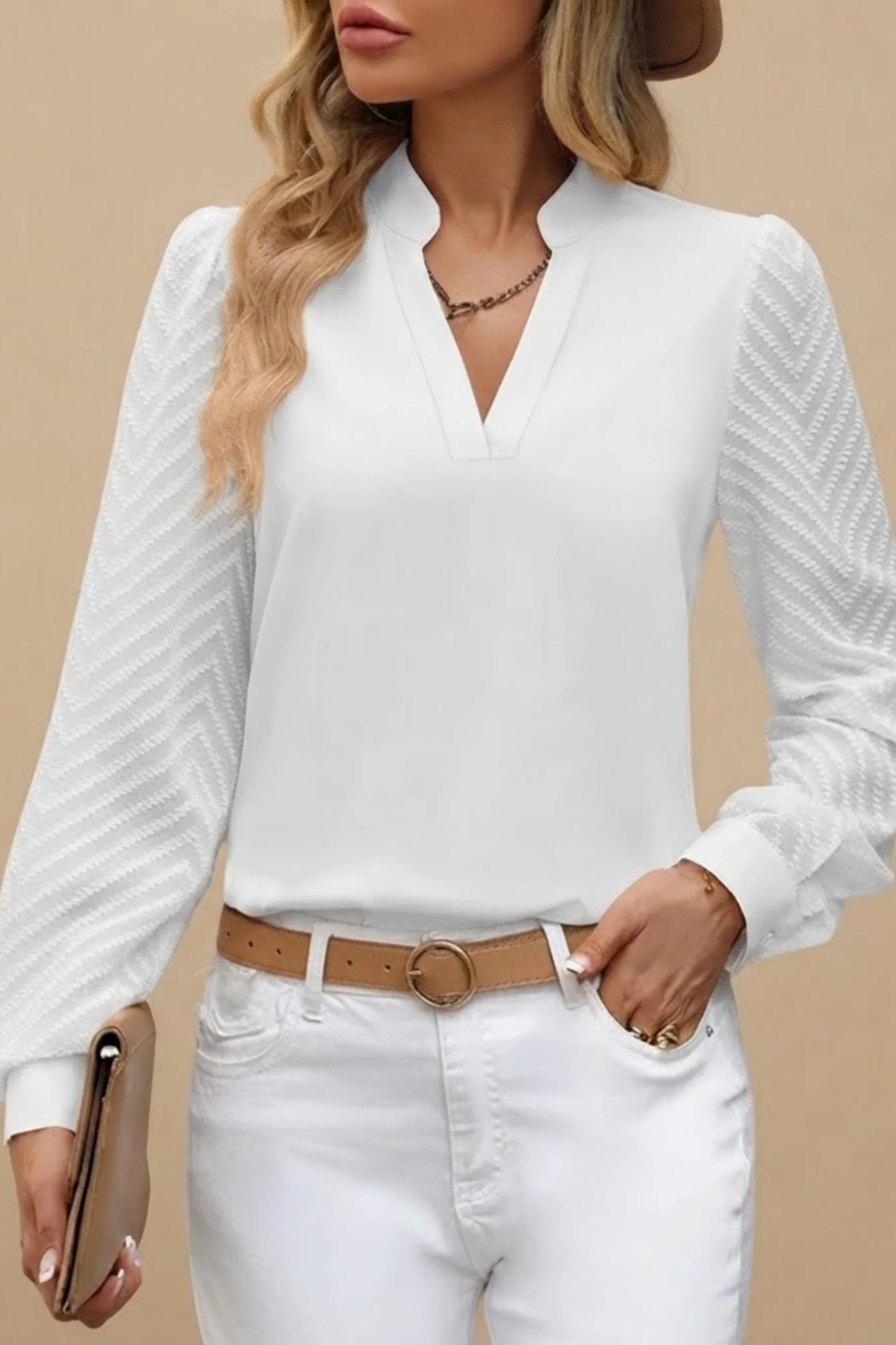 Women’s Blouse V-Neck Textured Sleeve Elegant Style