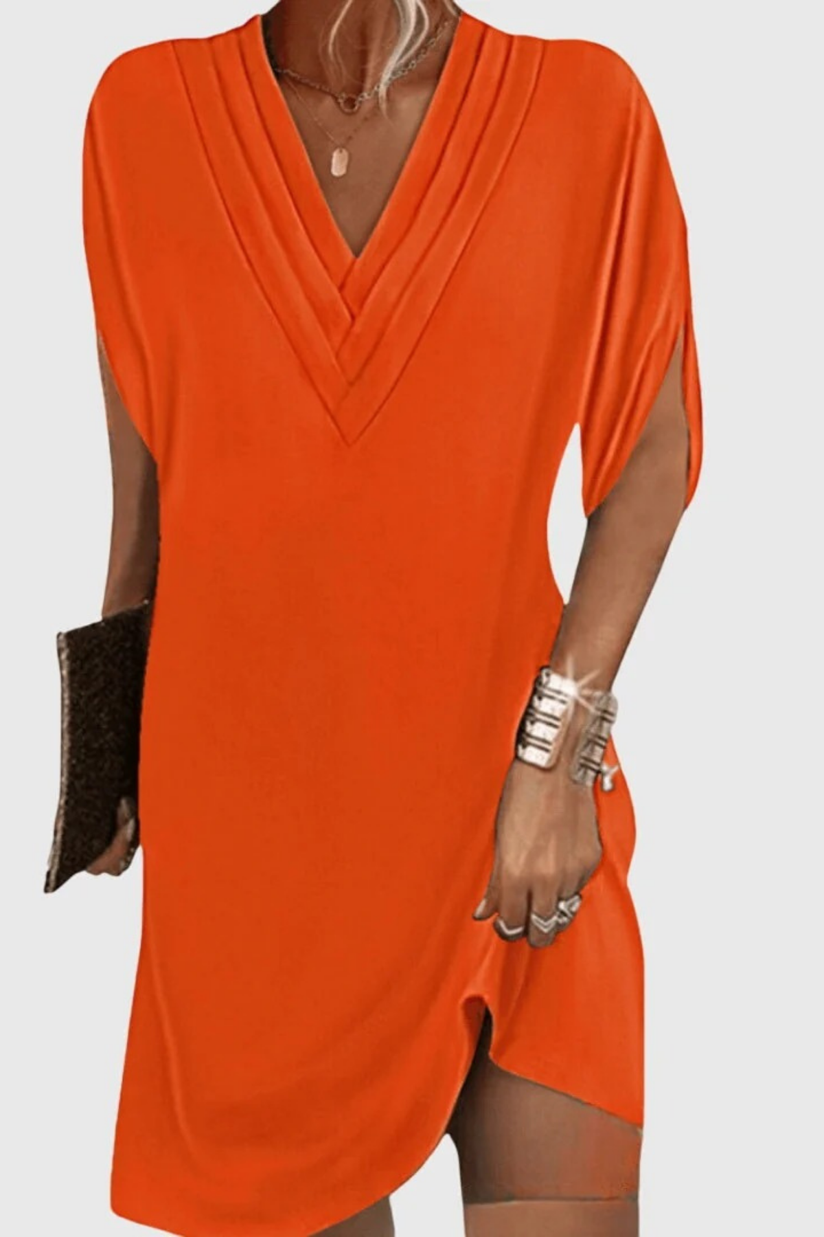 V-Neck Shift Midi Dress Modern Casual Style