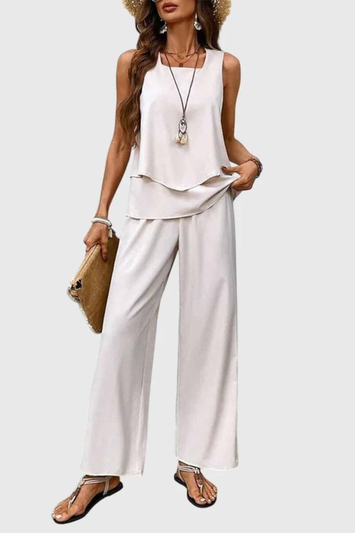 Sleeveless Top Pants Set Botanical Print Casual Style
