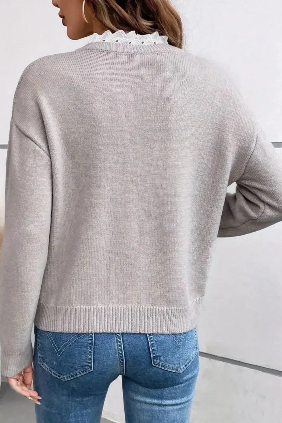 Women’s V-Neck Sweater Lace Trim Elegant Style